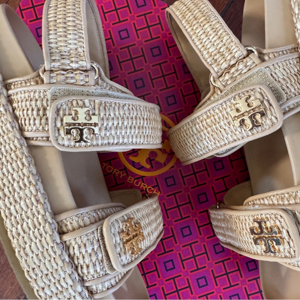 NEW IN BOX Tory Burch Kira Sport Sandal Natural Raffia Havana Sand Platform 8.5 - Picture 10 of 12